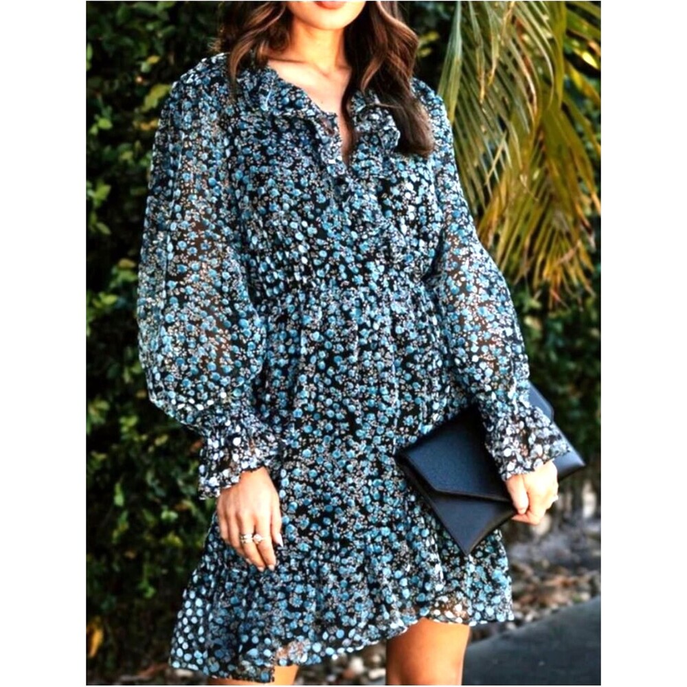 NWT VICI x Fate Floral Wrap Dress Sz XS Blue Black Ruffle Mini Long Sleeve Boho